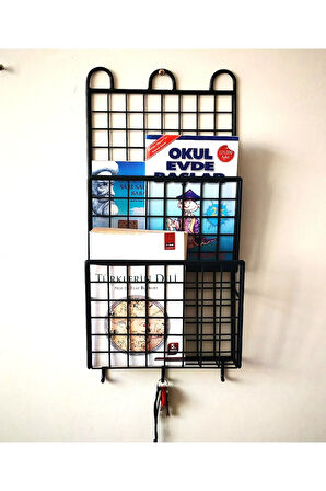 2 Gözlü Dekoratif İnce 3 Kancalı Kitaplık Dergilik Duvar Askılı Raf