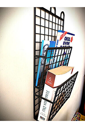 2 Gözlü Dekoratif İnce 3 Kancalı Kitaplık Dergilik Duvar Askılı Raf