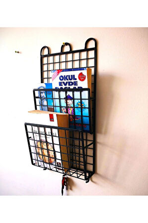 2 Gözlü Dekoratif İnce 3 Kancalı Kitaplık Dergilik Duvar Askılı Raf