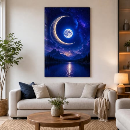 Ay ve Galaksi Desenli Baskılı Cam Tablo – UV Baskı Dekoratif Duvar Tablosu