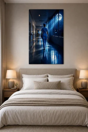 Gece Nöbeti Hemşire Baskılı Cam Tablo – UV Baskı Modern Hastane Duvar Dekoru