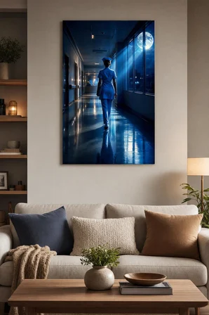 Gece Nöbeti Hemşire Baskılı Cam Tablo – UV Baskı Modern Hastane Duvar Dekoru