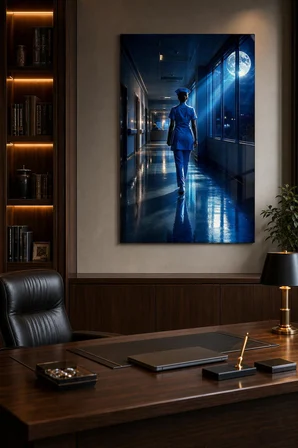Gece Nöbeti Hemşire Baskılı Cam Tablo – UV Baskı Modern Hastane Duvar Dekoru