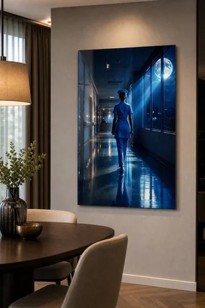Gece Nöbeti Hemşire Baskılı Cam Tablo – UV Baskı Modern Hastane Duvar Dekoru