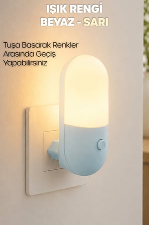 Gece Lambası Yumurta Tip 2 MOD Sarı-Beyaz Işık Tuşlu Koridor Hol Işığı Uyuma Işığı Mavi K6791