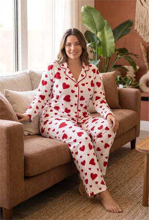 Gizers Giyim Pamuklu Yumuşak Dokulu Büyük Beden Kırmızı Kalp Desenli Biyeli Düğmeli Uzun Kollu Pijama Takımı