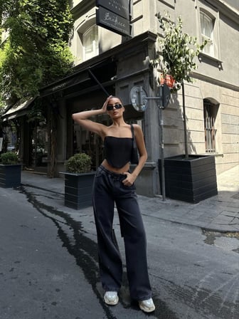 Gizers Giyim  Arkadan Yırtmaçlı Jeans Kot Palazzo Pantolon - Siyah