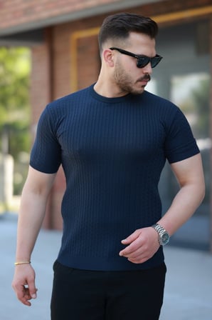 Gizers Giyim Erkek Bisiklet Yaka örgü Desenli Kısa örme Triko Kısa Kollu T-shirt