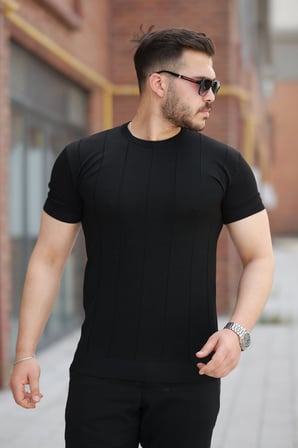 Gizers Giyim Erkek Ince çizgi Dokulu Bisiklet Yaka Kısa Kollu T-shirt