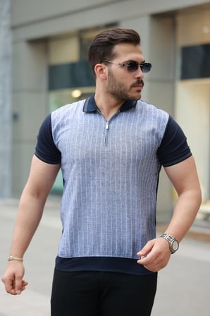 Gizers Giyim Erkek Fermuar Yakalı çizgili Kısa Kollu Tişört