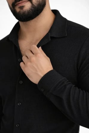Gizers Giyim Erkek Waffle Kumaş Uzun Kollu Düğmeli Açık Yaka Regular Fit Gömlek - Siyah