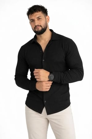 Gizers Giyim Erkek Waffle Kumaş Uzun Kollu Düğmeli Açık Yaka Regular Fit Gömlek - Siyah