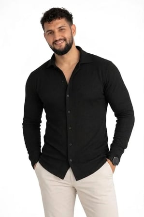 Gizers Giyim Erkek Waffle Kumaş Uzun Kollu Düğmeli Açık Yaka Regular Fit Gömlek - Siyah