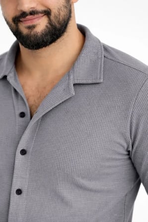 Gizers Giyim Erkek Waffle Kumaş Uzun Kollu Düğmeli Açık Yaka Regular Fit Gömlek - Füme