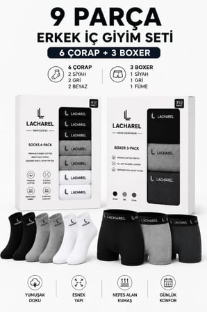 Gizers Giyim Erkek 9Lu İç Giyim Seti Pamuklu 3 Boxer 6 Çorap Çoklu Paket - Siyah - Füme - Gri - Beyaz