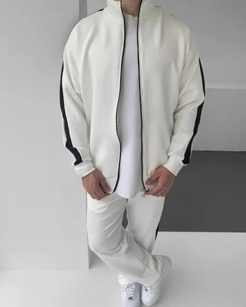 Gizers Giyim Erkek Scuba Kumaş Oversize Şerit Detaylı Fermuarlı Alt Üst Eşofman Takımı - Beyaz
