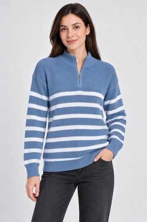 Gizers Giyim Dik Yaka Yarım Fermuarlı Çizgili Selanik Örgü Triko Kazak - Mavi