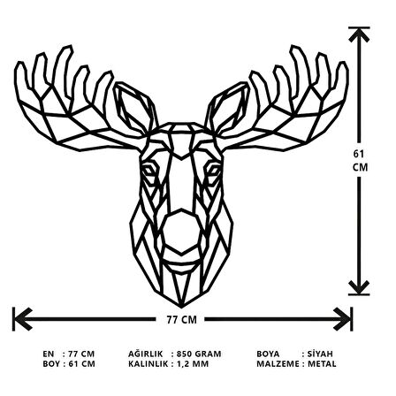 ANSAC METAL Geyik  Metal Duvar Tablosu 77x61cm Siyah
