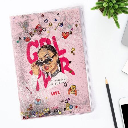 Girl Power Desenli Simli ve Sulu Kapaklı A5 Defter