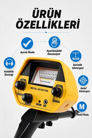 Profesyonel Metal ve Define Dedektörü 5 kHz – Ayarlanabilir Hassasiyet, Metal Ayrım Modu, Derinlik Göstergesi ve Kulaklık Girişli