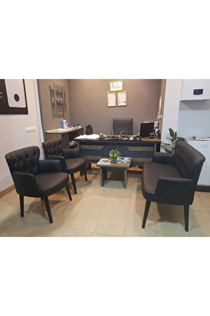 Siyah Deri Siyah Ahşap Ayaklı Ofis Koltuk Takımı Berjer Bekleme Büro Koltuk Takımı