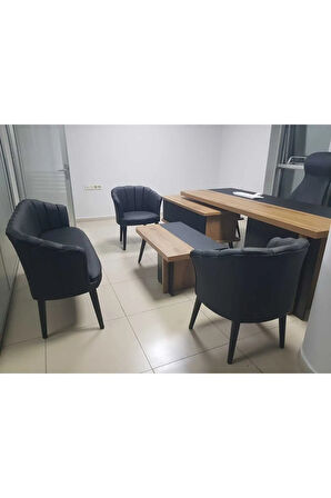 3 1 1 Ahşap Ayaklı Siyah Deri Ofis Koltuk Takımı 3'lü Kanepe Ofis Bekleme Koltuğu