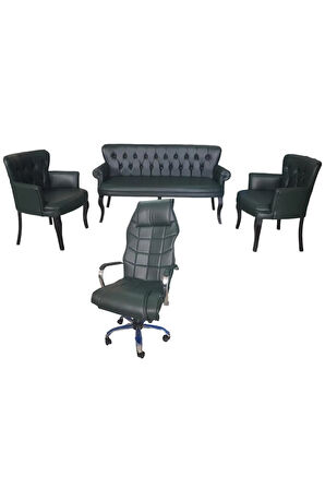 Ahşap Ayaklı Haki Yeşil Deri 3+1 +1 + Makam Koltuğu Ofis Koltuk Takımı Cafe Koltuğu 3'lü Kanepe