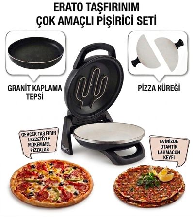 Erato Taşfırınım Pizza Makinesi, Lahmacun Makinesi Doğal Taş Fırın - Timer - 400 C. - Siyah