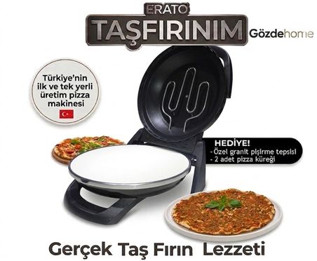 Erato Taşfırınım Pizza Makinesi, Lahmacun Makinesi Doğal Taş Fırın - Timer - 400 C. - Siyah