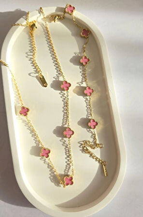 Çelik Kolye Seti - Yonca Kolye Ve Bileklik Seti - Paslanmaz Çelik 