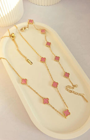 Çelik Kolye Seti - Yonca Kolye Ve Bileklik Seti - Paslanmaz Çelik 