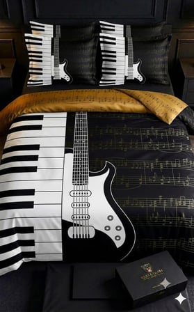 Özel Tasarım Marka Çift Kişilik Nevresim Takımı Organik Saten Pamuk Luxury Premium Kumaş 240*260 Cm Ranforce Dokuma Deluxe Gitar Müzik Nota 