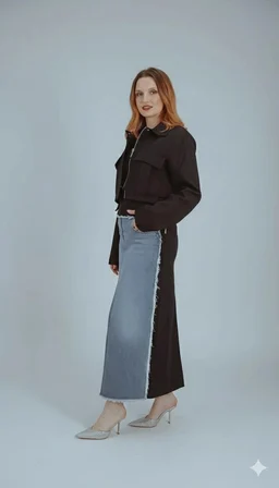 Siyah ve Denim İki Renkli Ceket & Etek Takımı