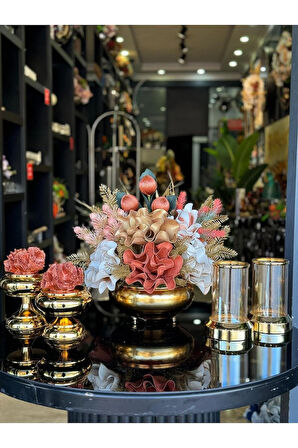 Yapay Çiçekli Gold Yassı Vazo 5 Parça Set No:8