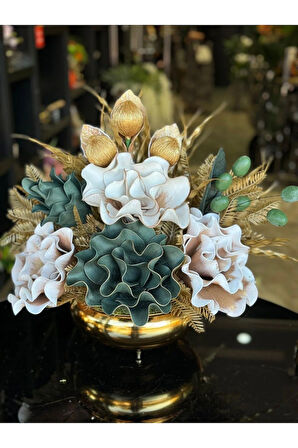 Yapay Çiçek Aranjmalı Gold Yassı Vazo No:14