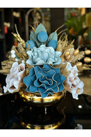 Yapay Çiçek Aranjmalı Gold Yassı Vazo No:17