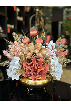 Yapay Çiçek Aranjmalı Gold Yassı Vazo No:18