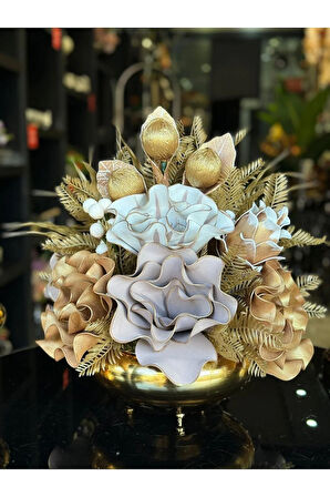 Yapay Çiçek Aranjmalı Gold Yassı Vazo No:19