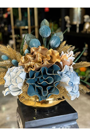 Yapay Çiçek Aranjmalı Gold Yassı Vazo No:7