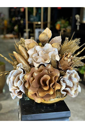 Yapay Çiçek Aranjmalı Gold Yassı Vazo No:9