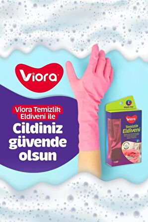 Viora Lateks Temizlik Bulaşık Eldiveni - Orta Boy - Medium - 8-8,5 - Pembe - 1 Çift - Paket