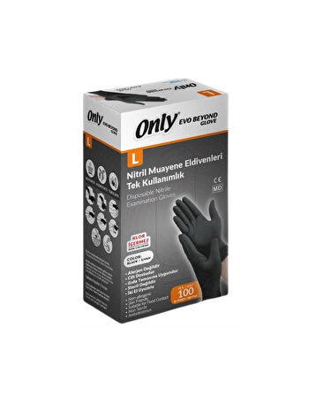 Only Evo Beyond Siyah Pudrasız Nitril Eldiven - Muayne İş Eldiveni - Large - 100'lü 10 Paket