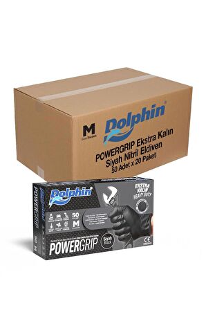 Dolphin Nitril PowerGrip Ekstra Kalın Elmas Dokulu Eldiven Siyah Meidum Orta Boy - 50'li 20 Paket