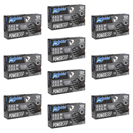 Dolphin Nitril PowerGrip Ekstra Kalın Elmas Dokulu Eldiven Siyah Large Büyük Boy - 50'li 10 Paket