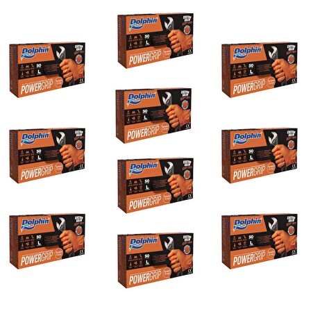 Dolphin Nitril PowerGrip Ekstra Kalın Elmas Dokulu Eldiven Turuncu Large Büyük Boy - 50'li 10 Paket