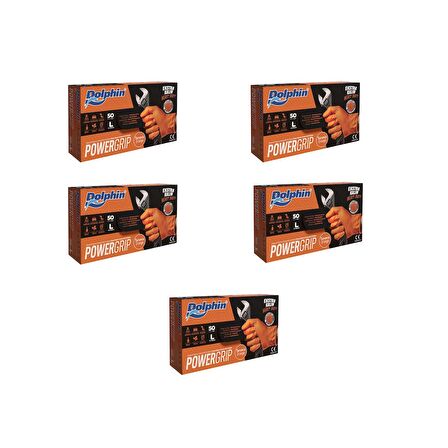 Dolphin Nitril PowerGrip Ekstra Kalın Elmas Dokulu Eldiven Turuncu Large Büyük Boy - 50'li 5 Paket