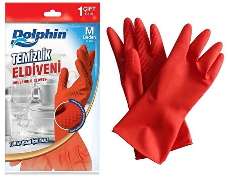 Dolphin Lateks Bulaşık Temizlik Eldiveni - Kırmızı - Orta Boy ( Medium ) - 8-8,5 - 10 Paket