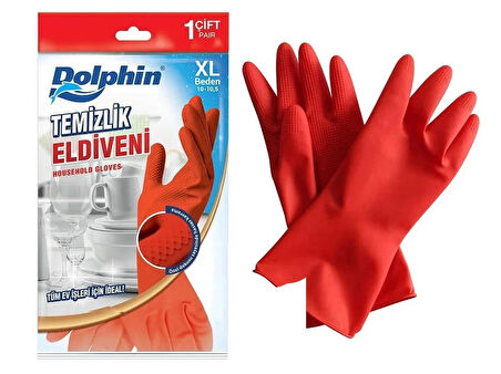 Dolphin Lateks Bulaşık Temizlik Eldiveni - Kırmızı - XL - No : 10 - 1 Çift - Paket
