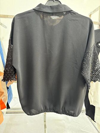 kolu dantelli yaka fermuarlı Kadın gömlek