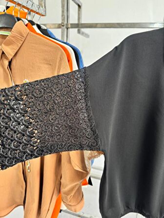 kolu dantelli yaka fermuarlı Kadın gömlek